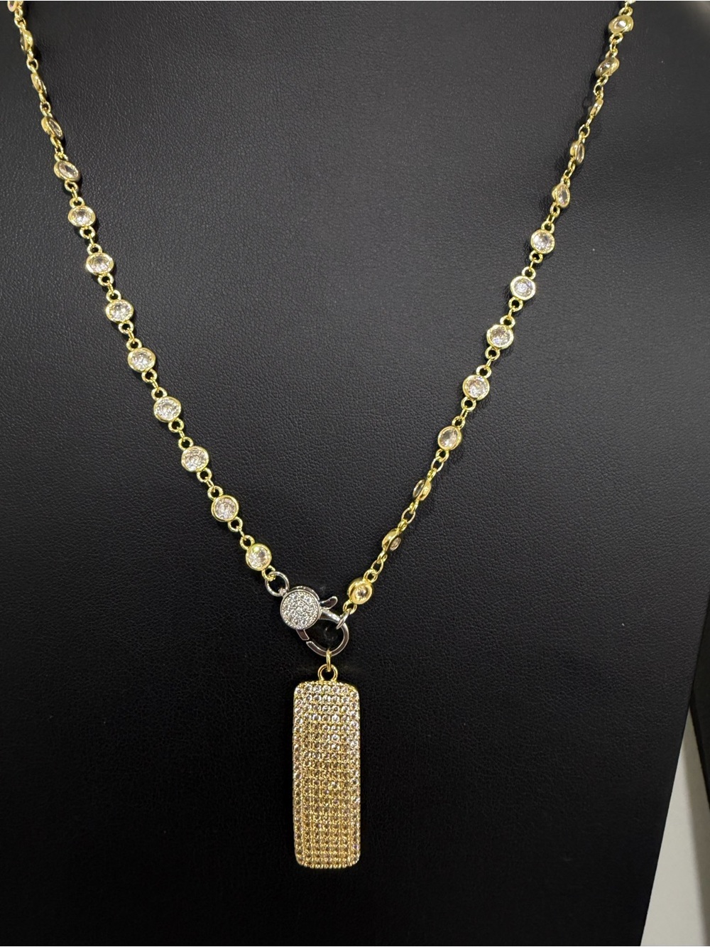 Freida Rothman Linear  Gold Pavé Bar Pendant Necklace - 24” Chain & Pendant
